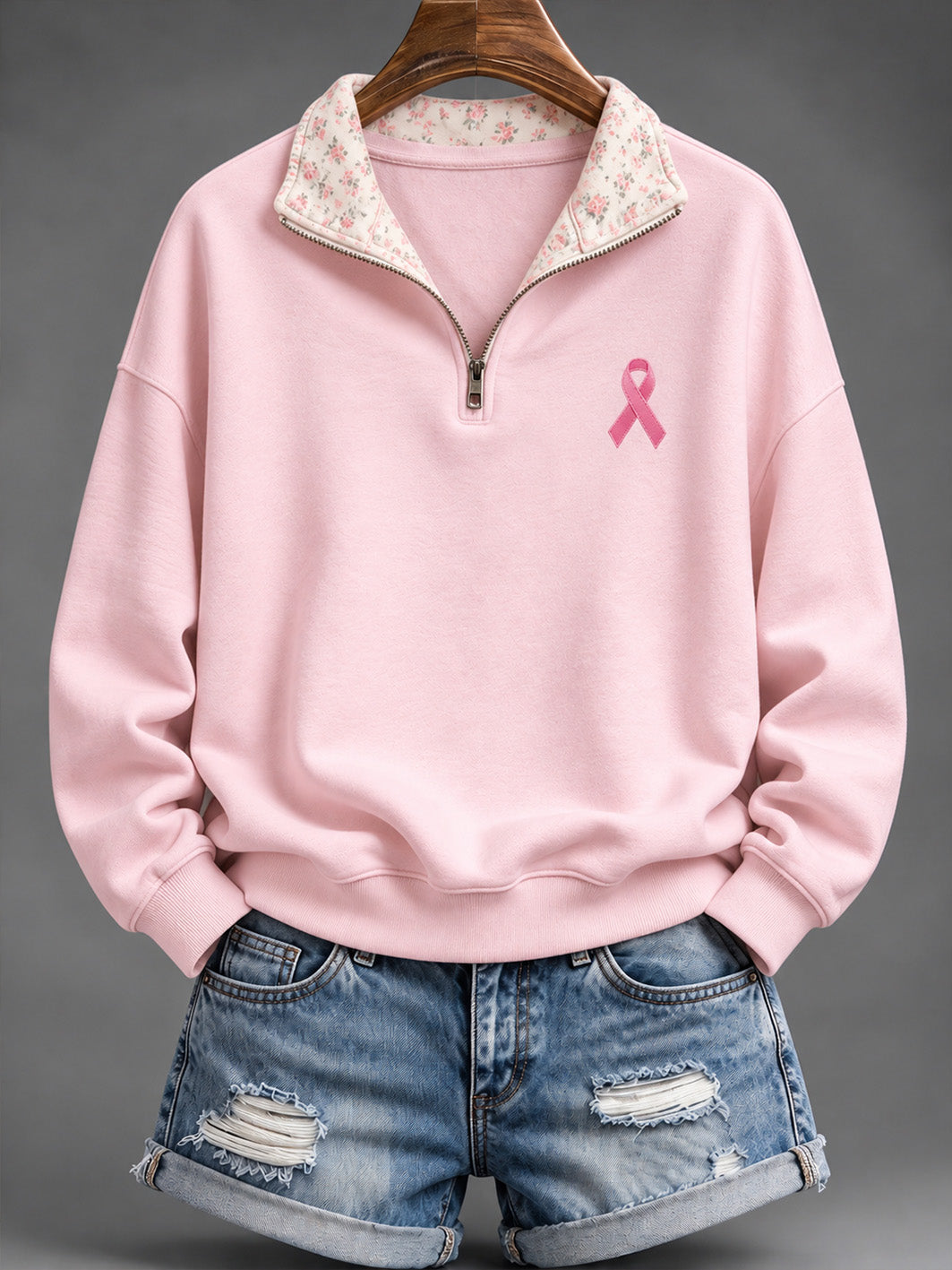 Motif de ruban de charité rose des femmes Tie-Dye Design Casual Half-Zip Sweatshirt