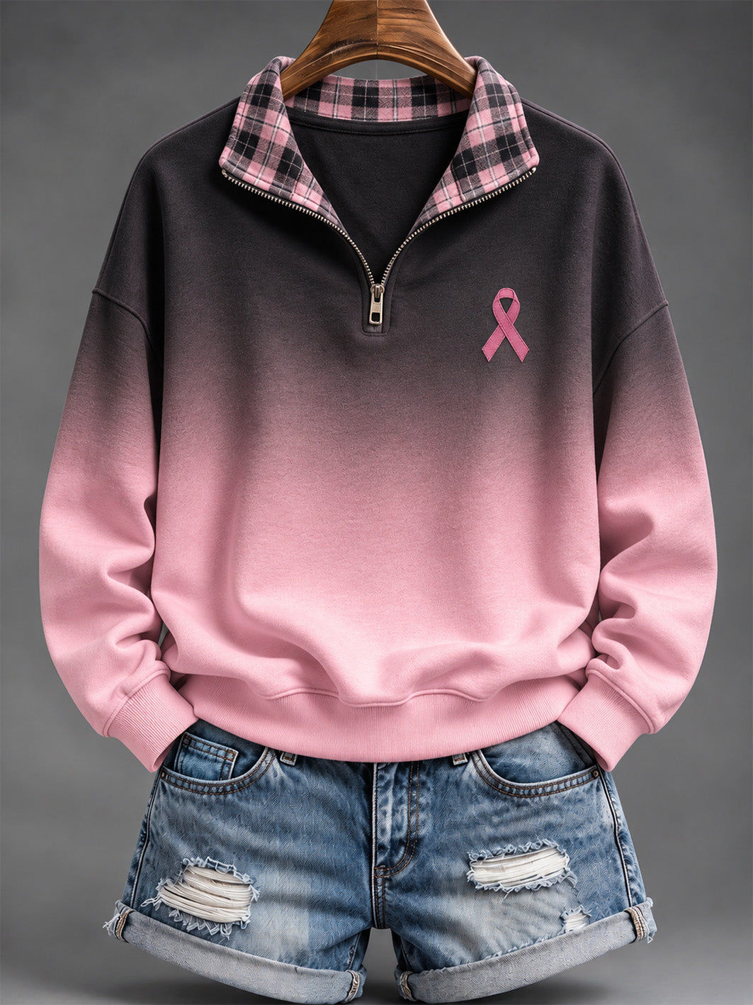 Femmes Rose Charité Ruban Motif À Carreaux Patchwork Dégradé Conception Casual Demi-Zip Sweatshirt