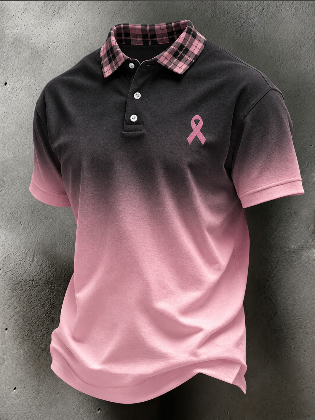 Hommes Rose Charité Ruban Motif À Carreaux Patchwork Dégradé Conception Casual Polo